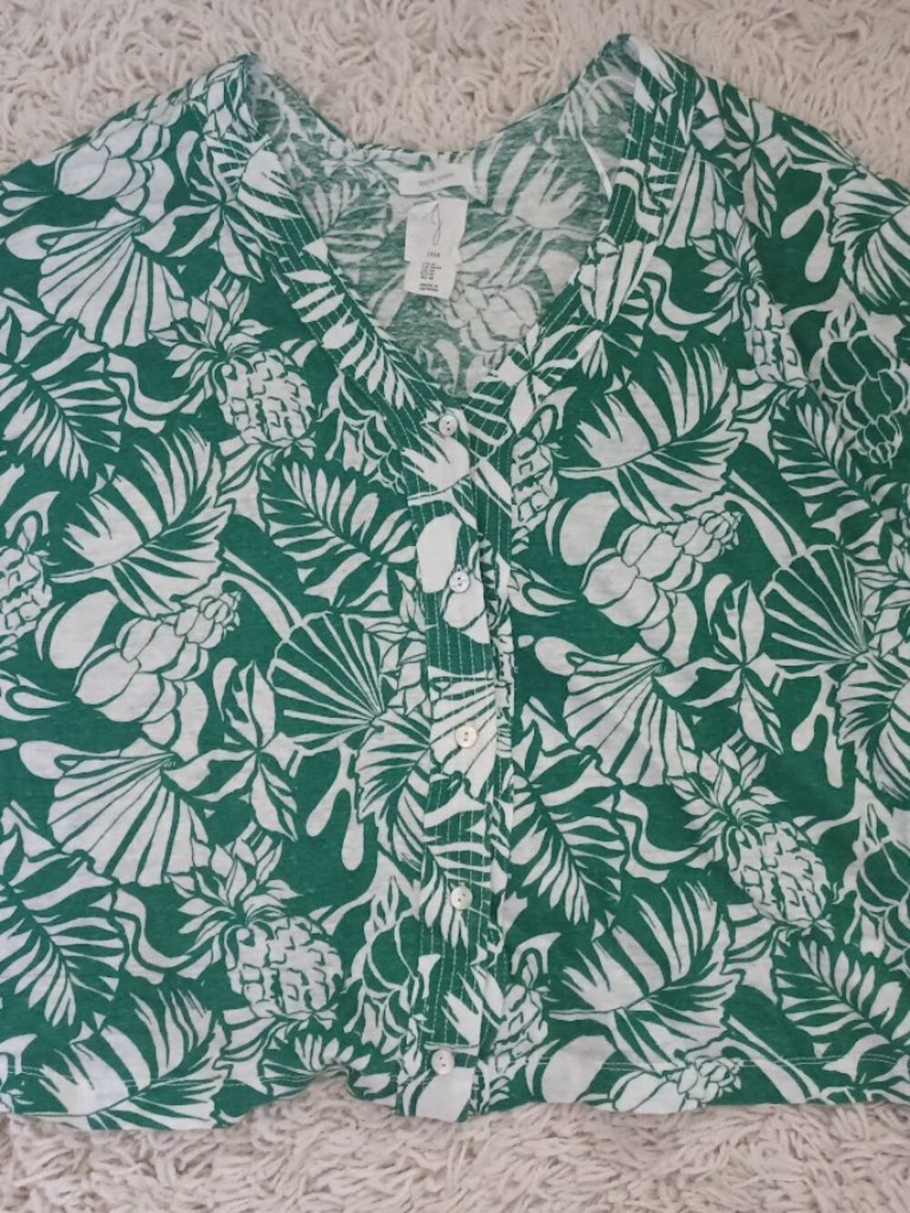 J by Joie Linen Blouse Womens M Green White Tropical Pineapple Button Top